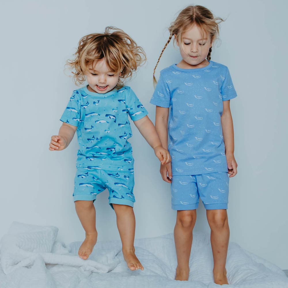100% Organic Cotton Summer Short Pyjama Set - Aquatic Blue Watercolour Whale Pods