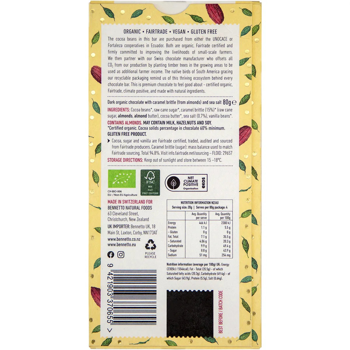 Bennetto Organic Choc Dark Chocolate 80g- Dark Crunchy Caramel