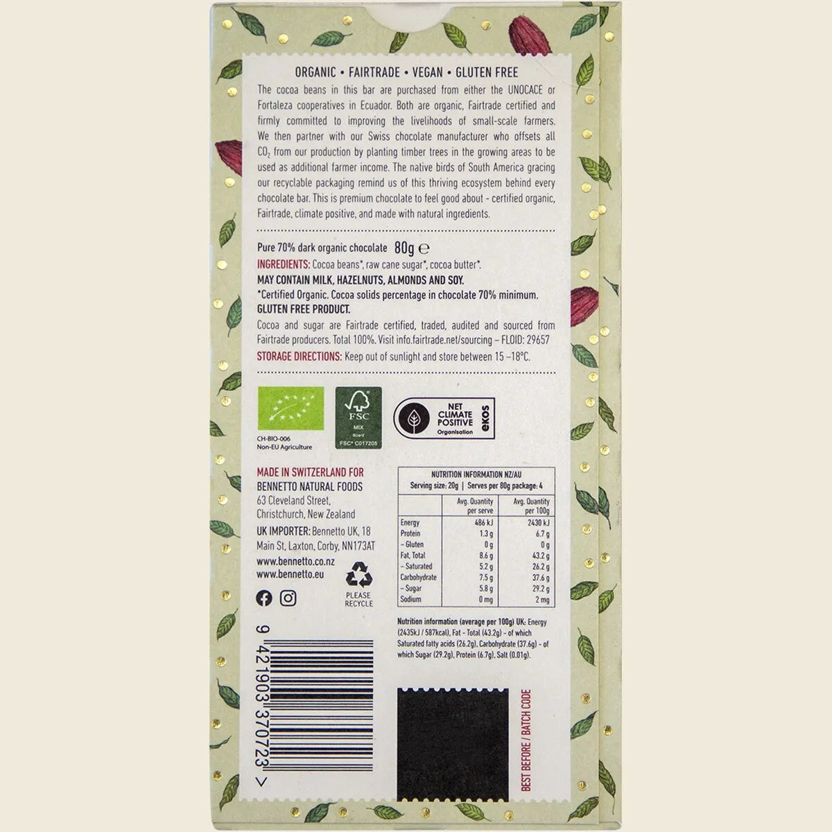 Bennetto Organic Choc Dark Chocolate 80g - 70%