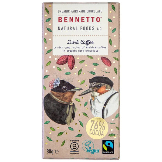 Bennetto Organic Choc Dark Chocolate 80g- Dark Coffee