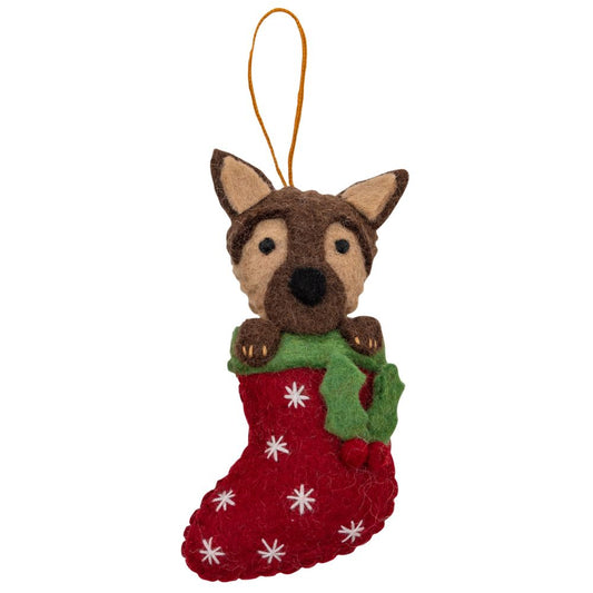 Fairtrade Felt Christmas Decoration - German Shepherd in Stocking