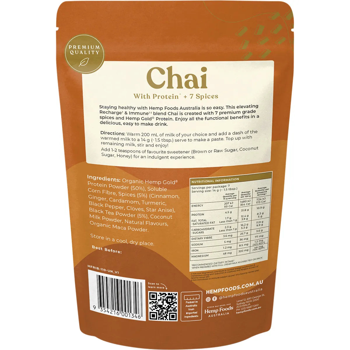 Hemp Foods Australia Chai With Protein - Recharge & Immunity 100g