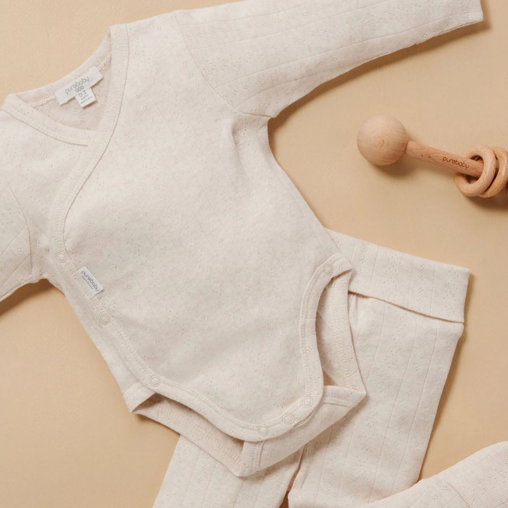 Purebaby Pointelle Long Sleeve Wrap Bodysuit - Wheat Melange