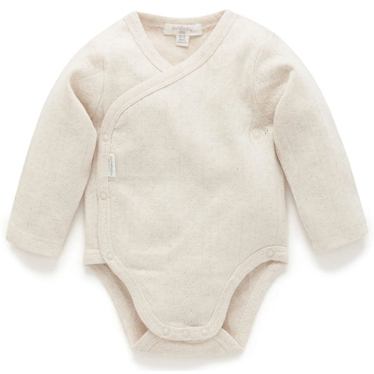 Purebaby Pointelle Long Sleeve Wrap Bodysuit - Wheat Melange