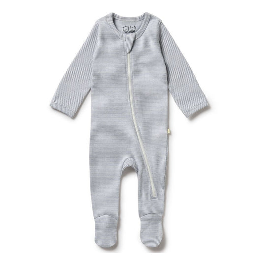 Wilson & Frenchy Organic Stripe Rib Zipsuit with Feet - Rain Drop