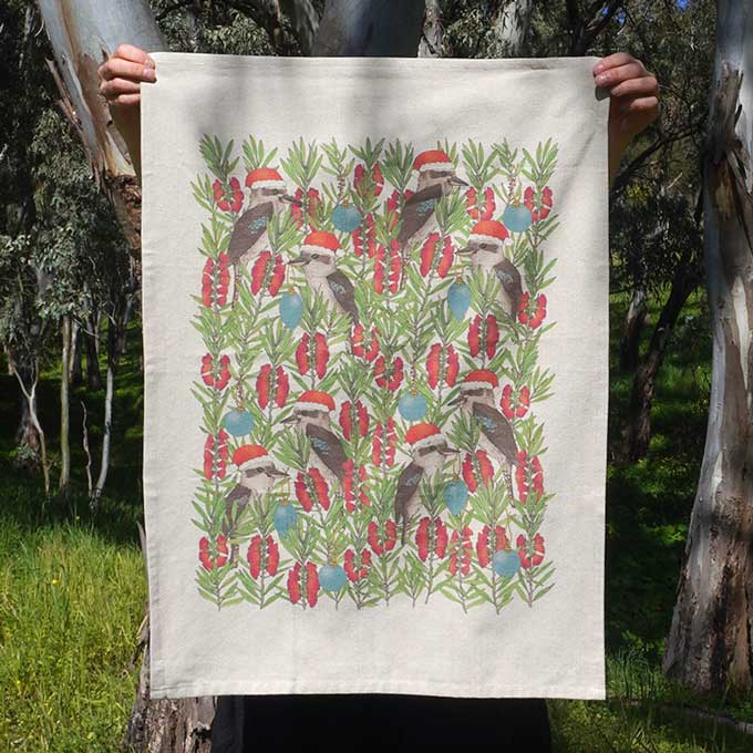 Earth Greetings Organic Cotton Christmas Tea Towel - Jolly Kookaburras