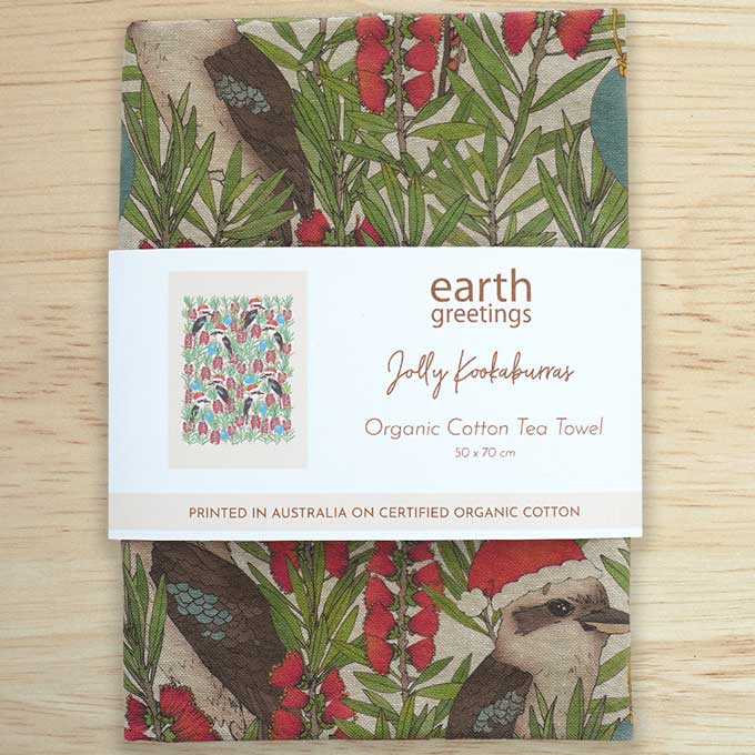 Earth Greetings Organic Cotton Christmas Tea Towel - Jolly Kookaburras
