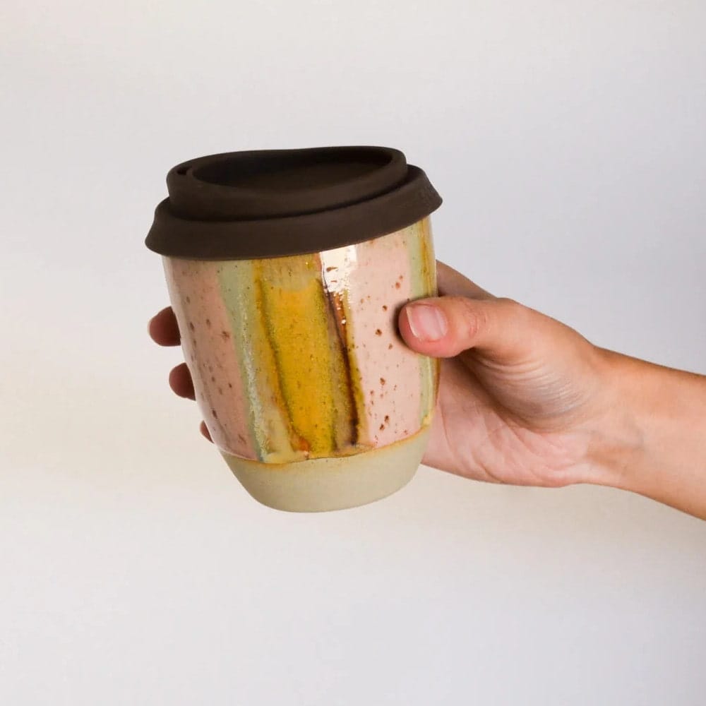 Kim Wallace Ceramics Takeaway Cup 12oz - Earthy Retro Stripe with Dark Brown Lid