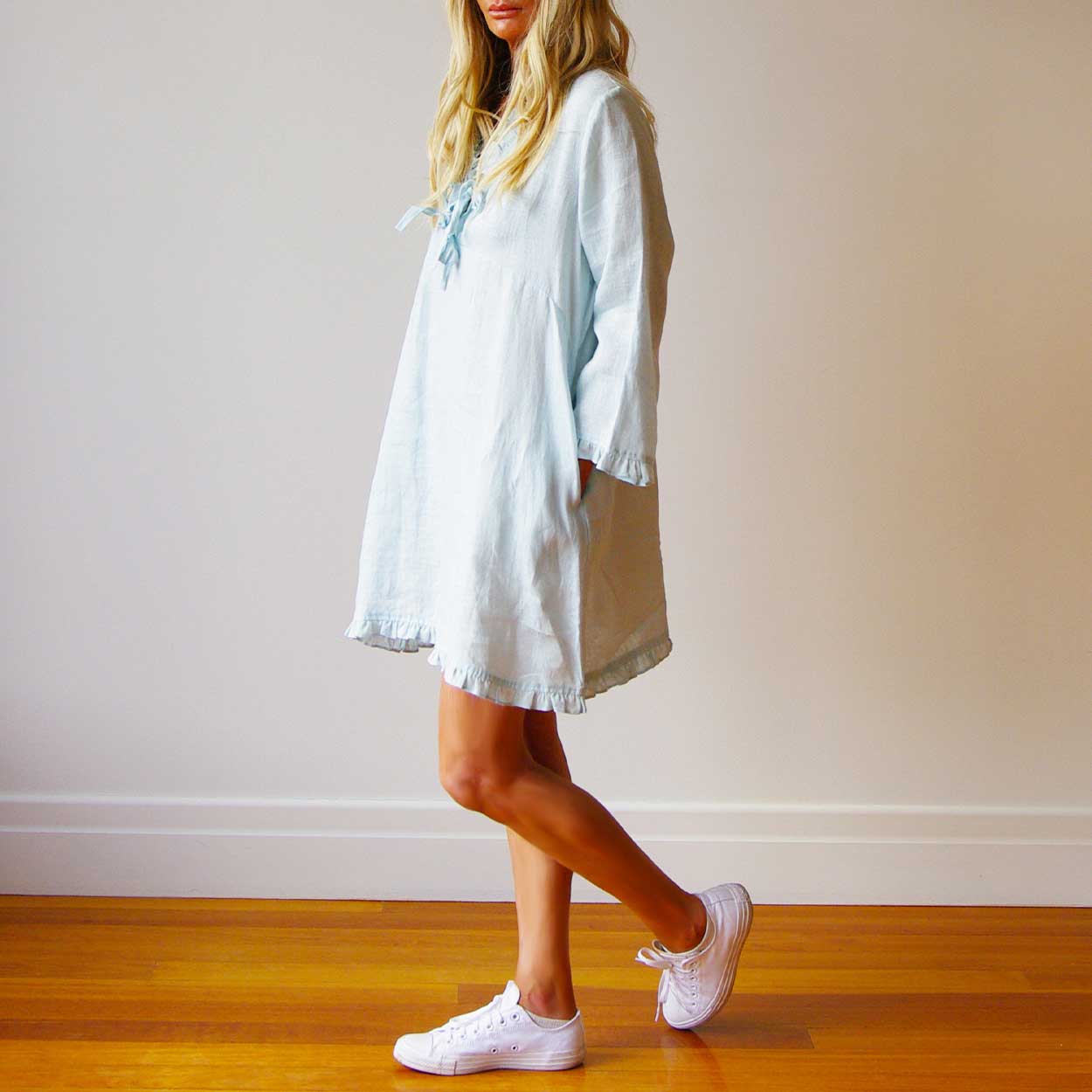 Who's Charlie Mitsi Linen Dress Pale Blue