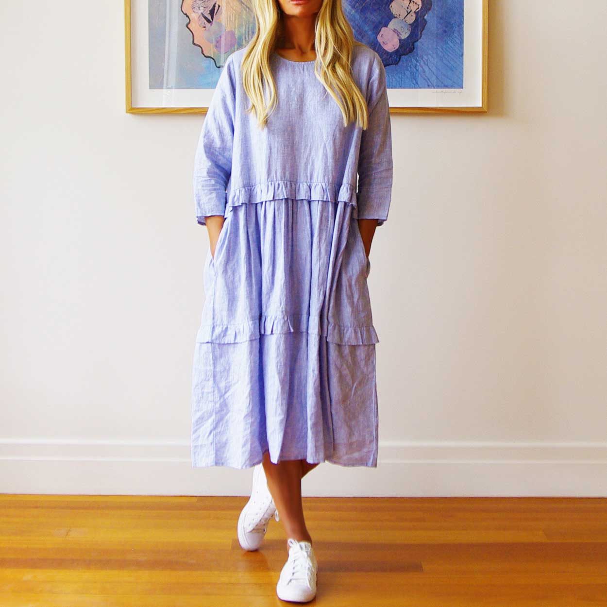 Who's Charlie Rosie Linen Dress 3/4 Sleeves Chambray Blue