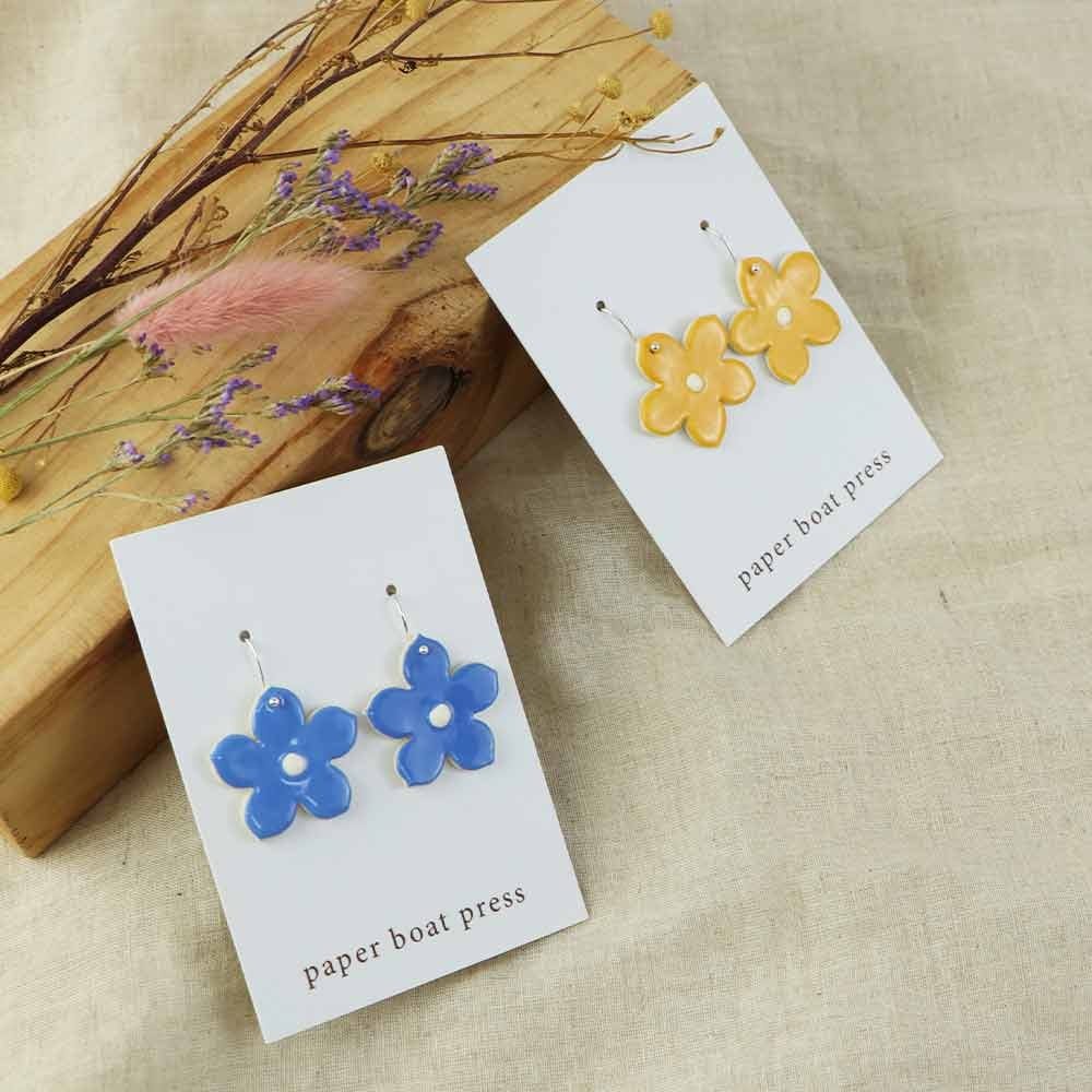 Paper Boat Press Large Flower Drop Earrings - Blue