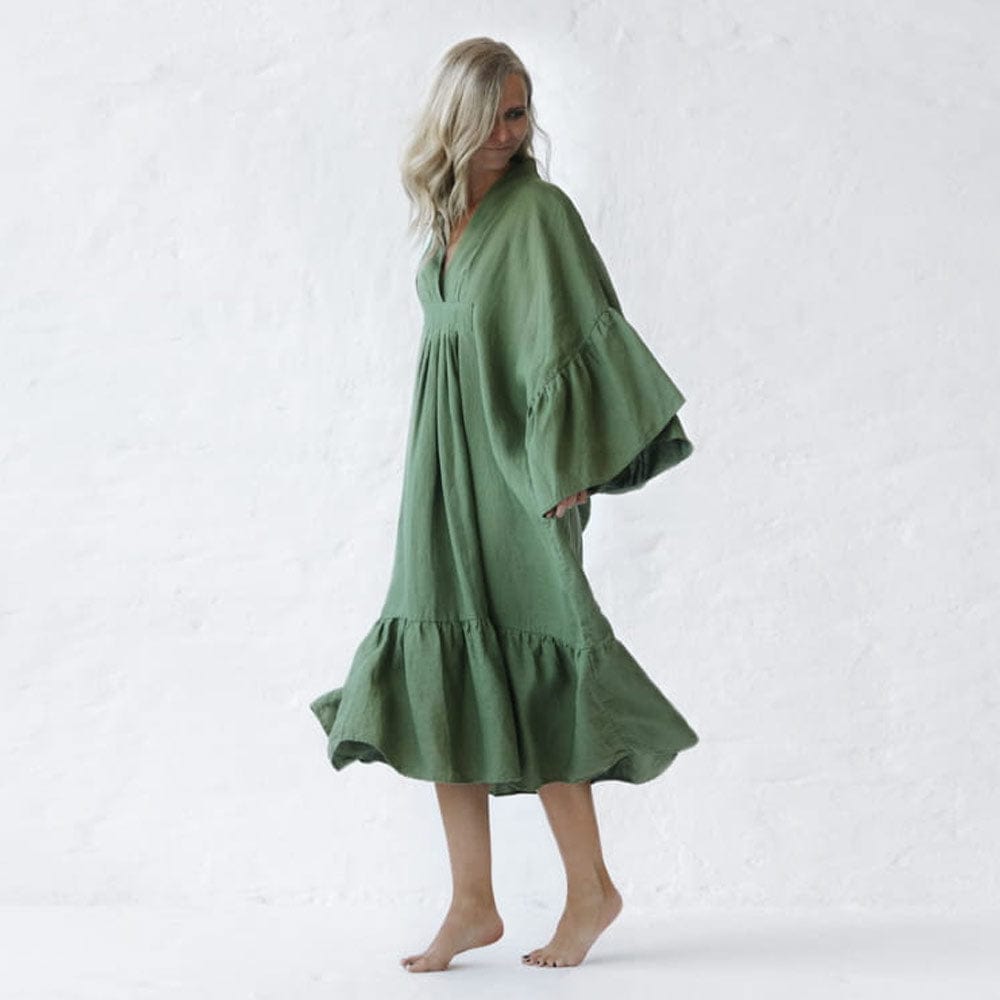 Seaside Tones Linen Sea Dress - Olive
