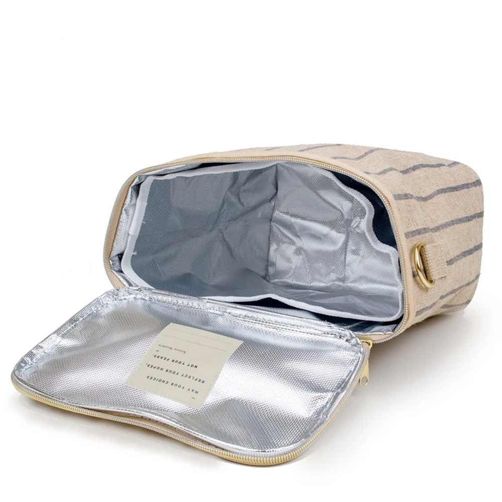 SoYoung Large Raw Linen Lunch Poche Insulated Cooler Bag - Slate Pinstripe