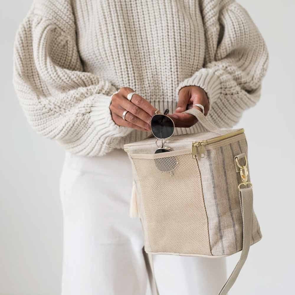 SoYoung Large Raw Linen Lunch Poche Insulated Cooler Bag - Slate Pinstripe