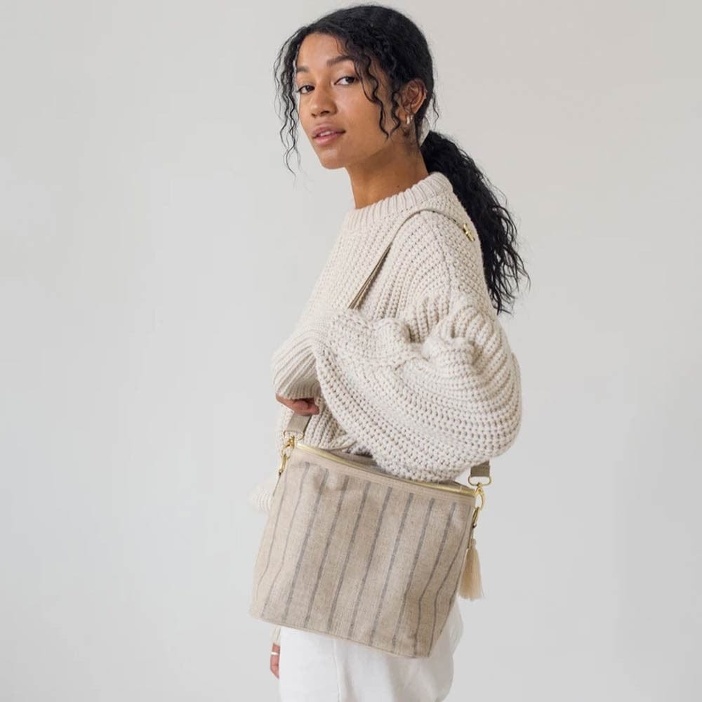 SoYoung Large Raw Linen Lunch Poche Insulated Cooler Bag - Slate Pinstripe