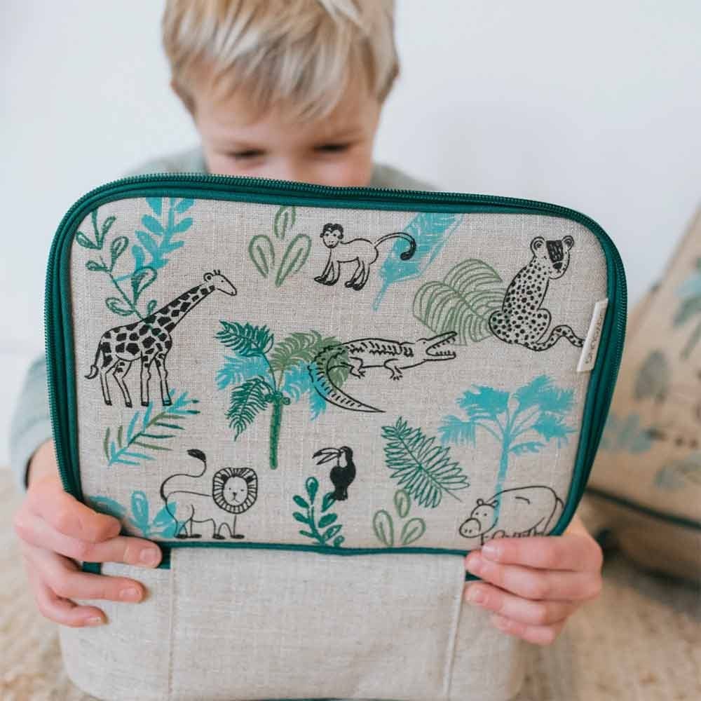 SoYoung Raw Linen Insulated Lunch Box - Safari Friends