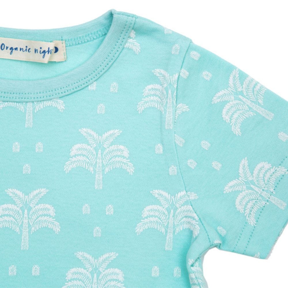 100% Organic Cotton Summer T-Shirt and Long-Leg Pyjama Set - Palms & Pineapples in Island Water Green