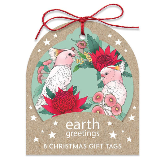 Earth Greetings Christmas Gift Tags - Pink Cockatoo Wreath 8pk