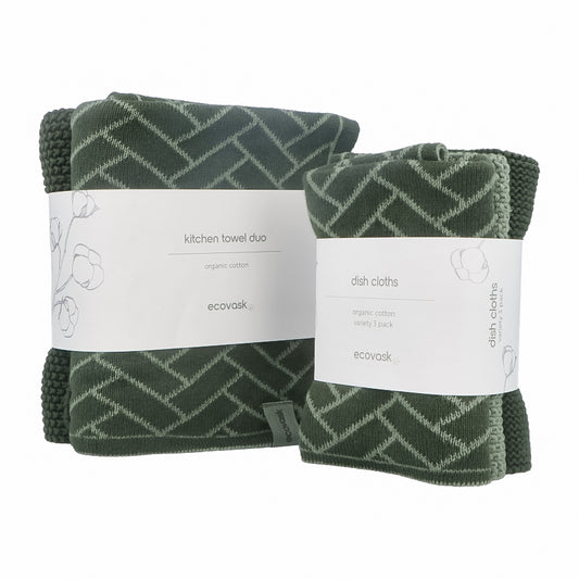 Ecovask Kitchen Tea Towel & Dish Cloth Bundle - Forest Herringbone