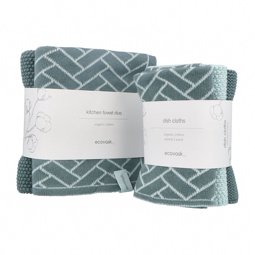 Ecovask Kitchen Tea Towel & Dish Cloth Bundle - Sea Foam Herringbone