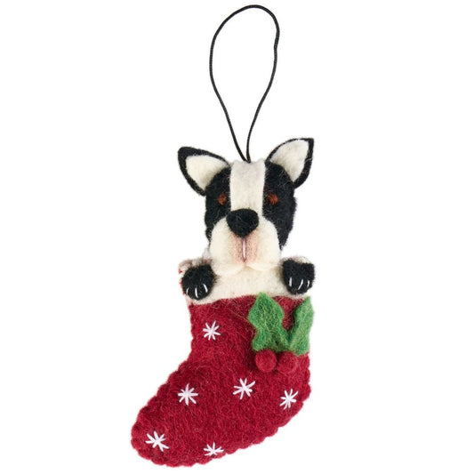 Fairtrade Felt Christmas Decoration - French Bulldog in Stocking