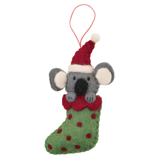 Fairtrade Felt Christmas Decoration - Koala in Stocking (Green)