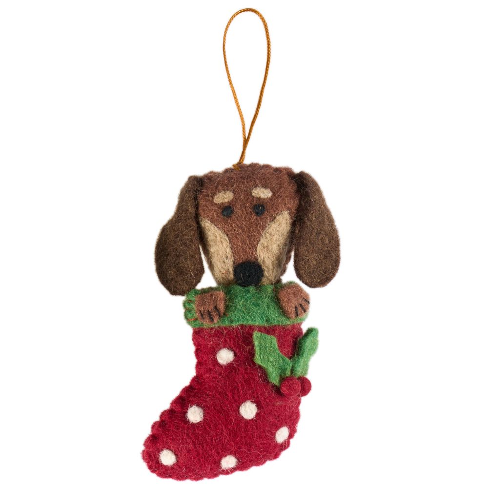 Fairtrade Felt Christmas Decoration - Dachsund in Stocking
