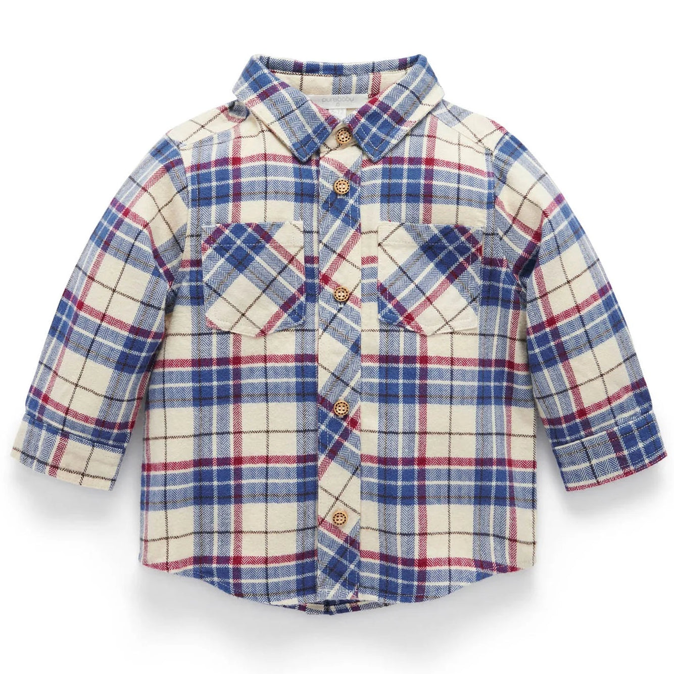 A long-sleeve plaid button-up shirt for a toddler, featuring a cream base with blue and red intersecting plaid lines, two chest pockets, and a pointed collar, shown against a plain white background.