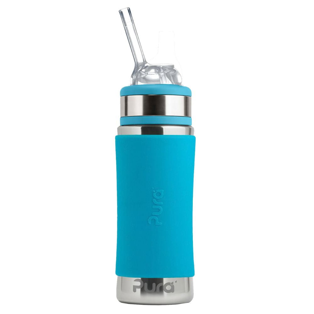 Pura Kiki Stainless Steel Kiddo Straw Bottle With Silicone Collar 325ml - Aqua
