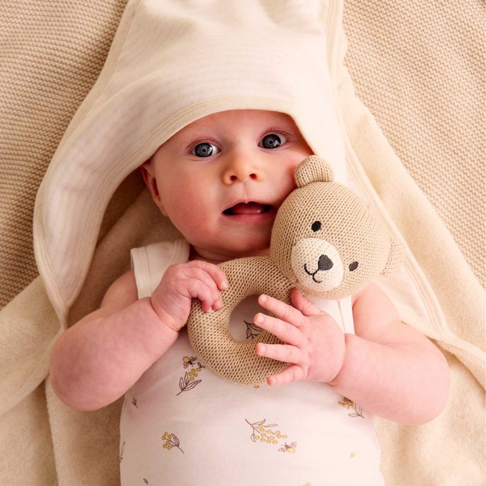 Purebaby Knitted Bear Rattle - Beige