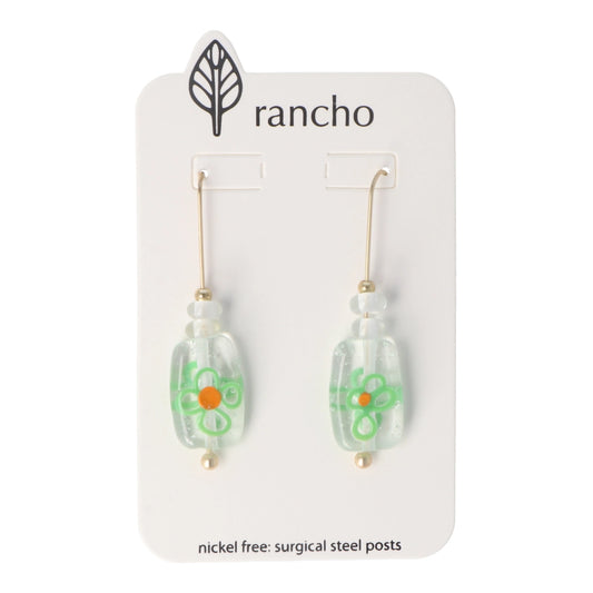 Rancho Hooks - Green Flower Clear Glass Bead Long Gold Straight Hook