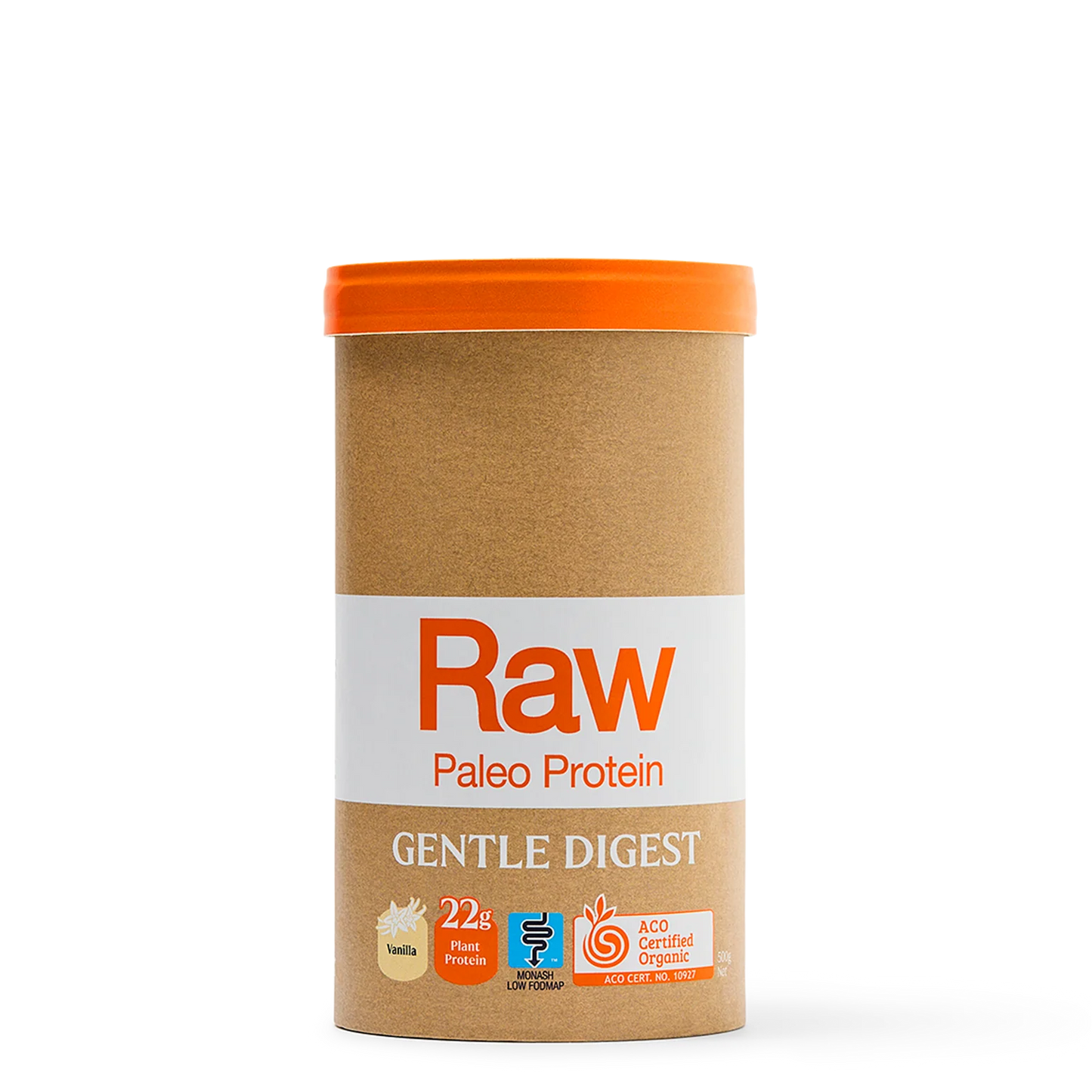 Container of Raw Paleo Protein with a white label and orange lid on a white background