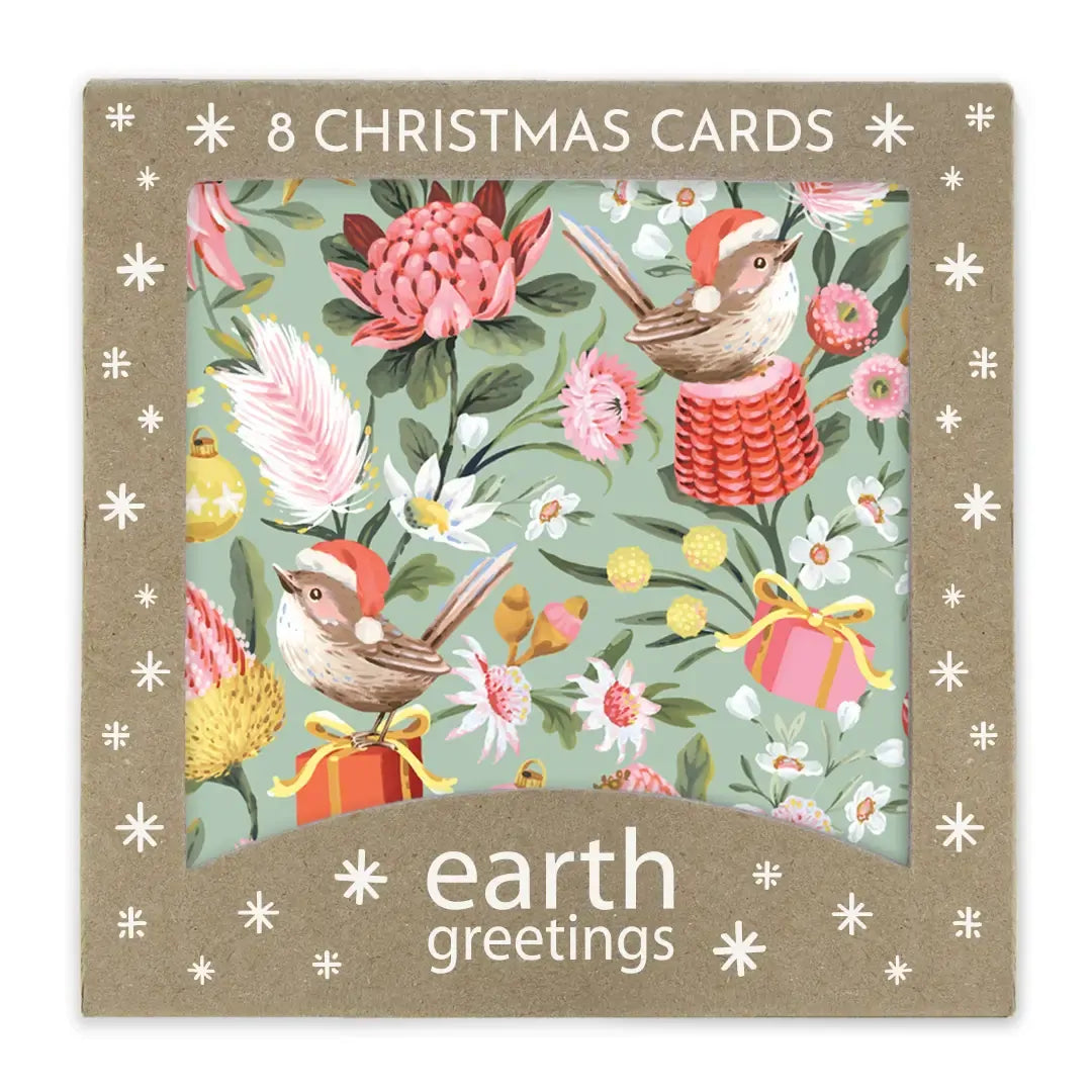 Earth Greetings Square Boxed Christmas Cards 8pk - Festive Wrens