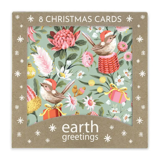 Earth Greetings Square Boxed Christmas Cards 8pk - Festive Wrens