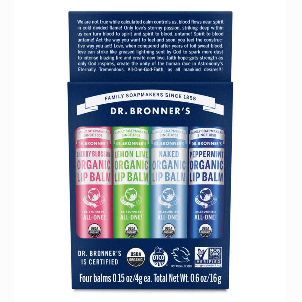 Dr Bronner's Lip Balm 4 pack (Lemon Lime, Peppermint, Naked and Cherry Blossom)