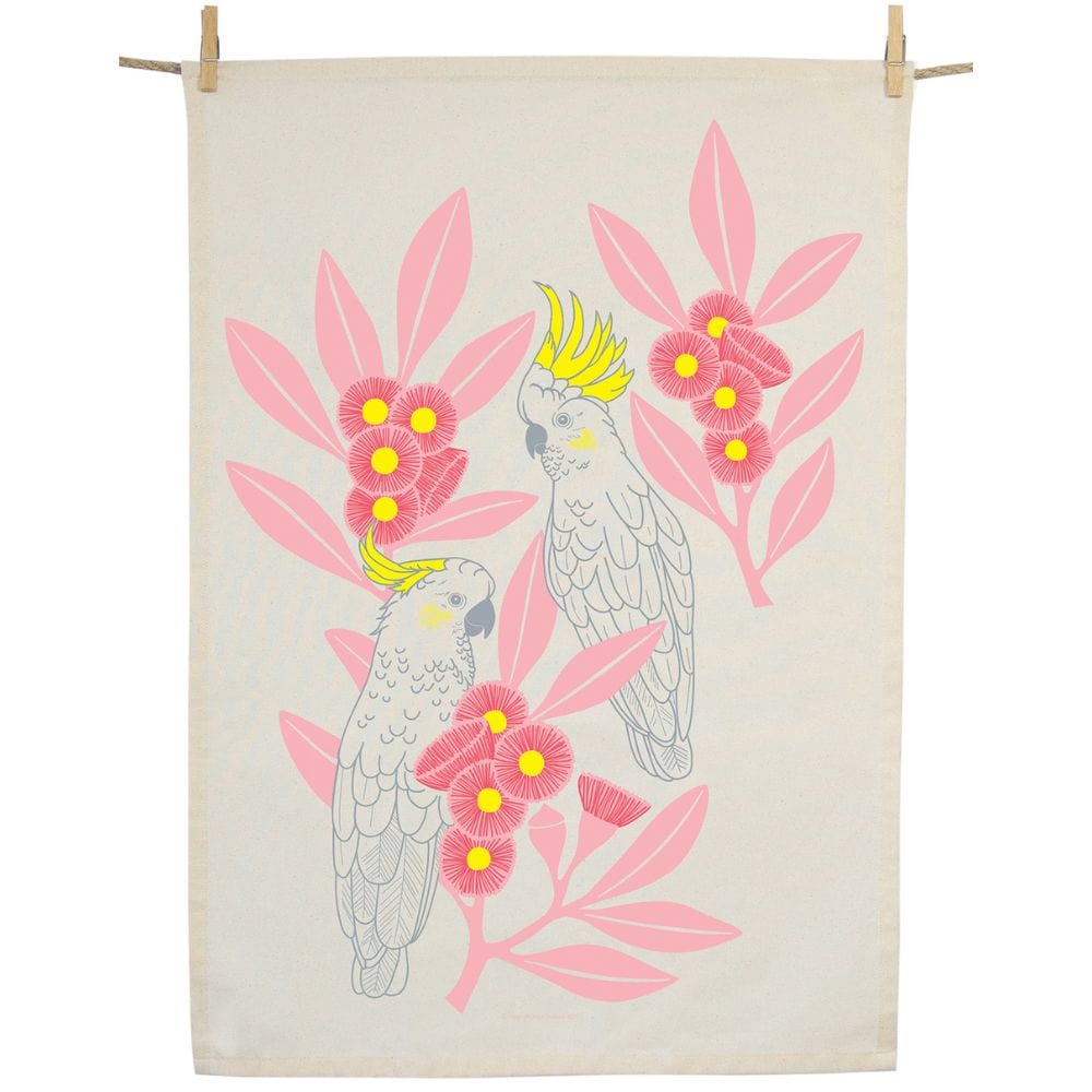 Earth Greetings Organic Cotton Tea Towel - Silver Gum Cockatoos