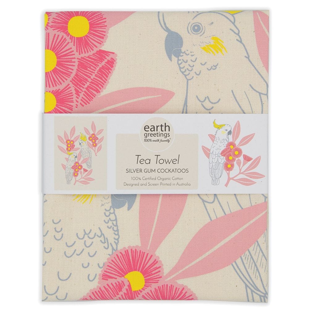 Earth Greetings Organic Cotton Tea Towel - Silver Gum Cockatoos