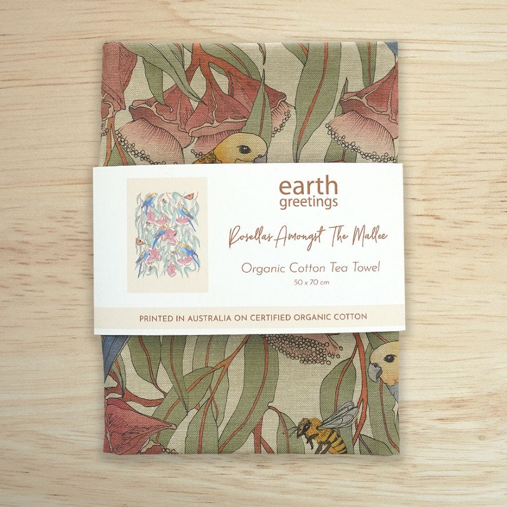 Earth Greetings Organic Cotton Tea Towel - Victoria McGrane -  Rosellas Amongst The Marlee