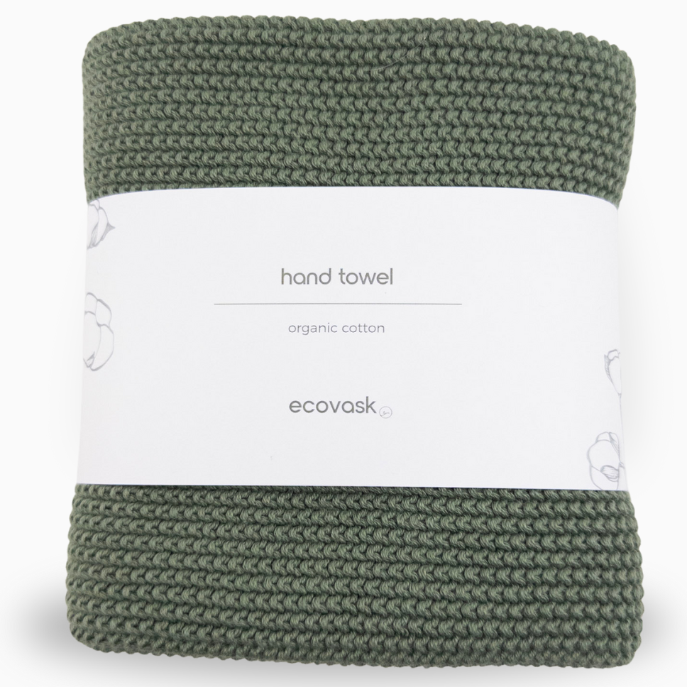 Green hand towel with 'ecovask' branding on a white background