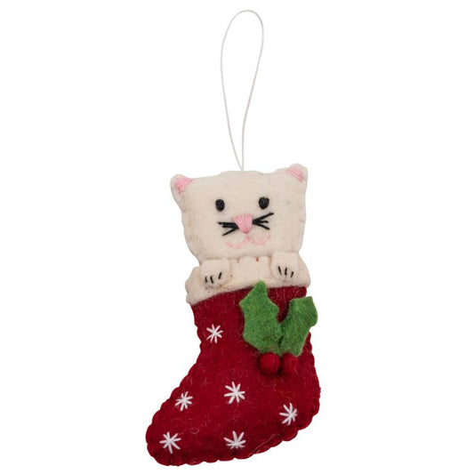Fairtrade Felt Christmas Decoration - Cat in Stocking