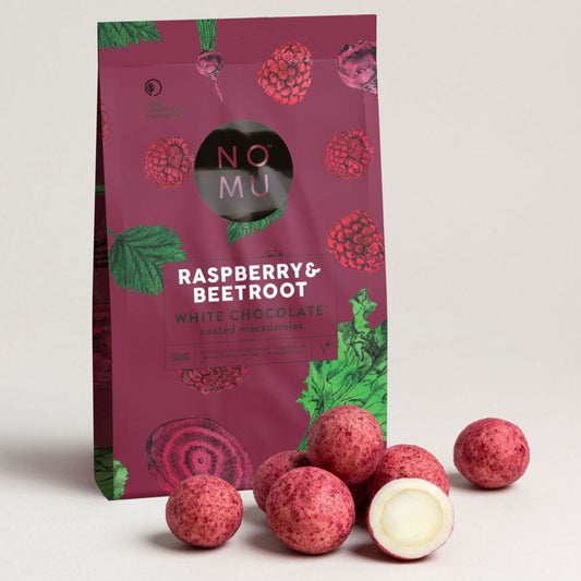 Nomu Noms Raspberry & Beetroot White Choc Coated Macadamias 50g