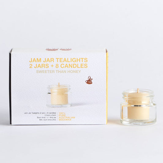 Queen B Beeswax Jam Jar Tealight Candles (Set of 8 with 2 Jars) - 4hr Burn Time