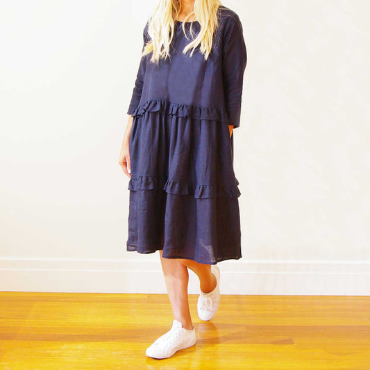Who's Charlie Rosie Linen Dress 3/4 Sleeves Navy