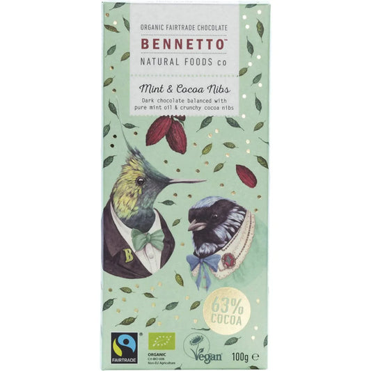 Bennetto Organic Chocolate 100g - Mint & Cocoa Nibs