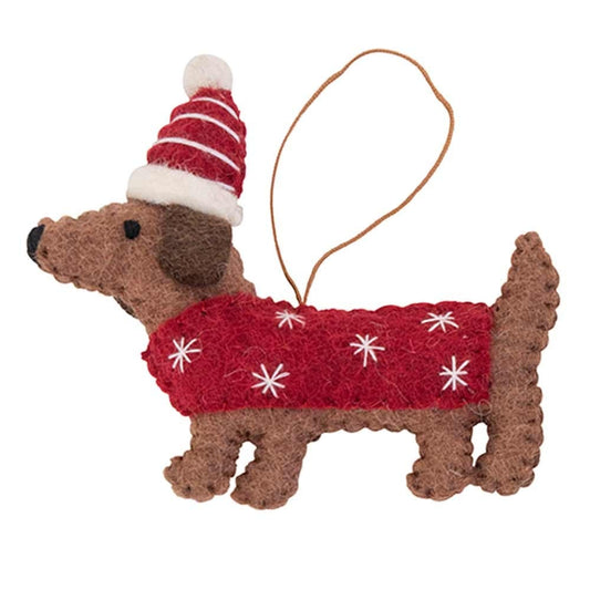 Fairtrade Felt Christmas Decoration - Dachsund with Coat & Hat