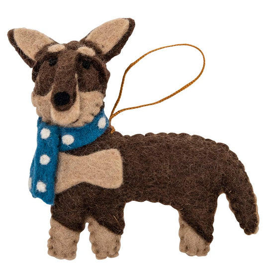 Fairtrade Felt Christmas Decoration - Kelpie With Blue Scarf