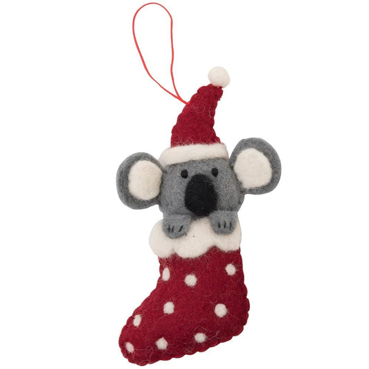 Fairtrade Felt Christmas Decoration - Koala in Stocking (Red)