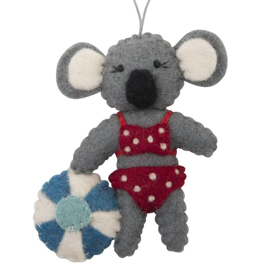 Fairtrade Felt Christmas Decoration - Koala with Ball (Red Bikini)