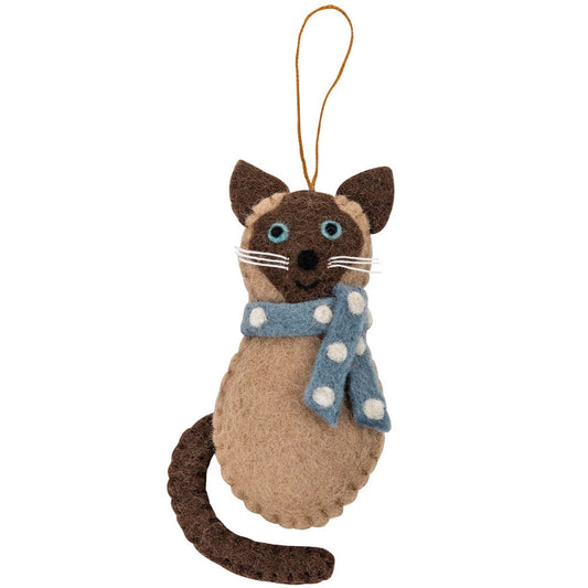 Fairtrade Felt Christmas Decoration - Siamese Cat With Blue Scarf