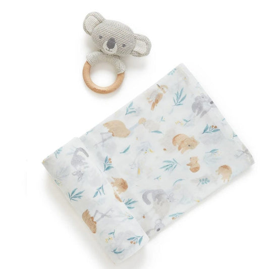 Purebaby Australiana Wrap & Rattle Hamper - Eucalyptus